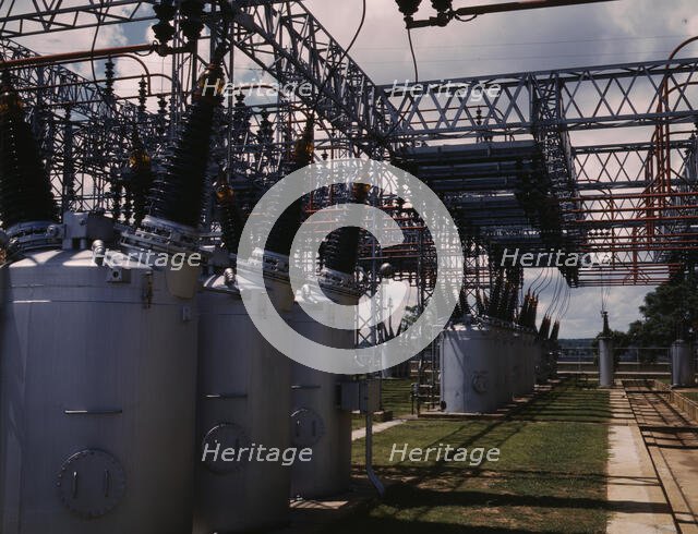 Switch yard at TVA's Wilson Dam hydroelectric plant, vicinity of Sheffield, Ala., 1942. Creator: Alfred T Palmer.