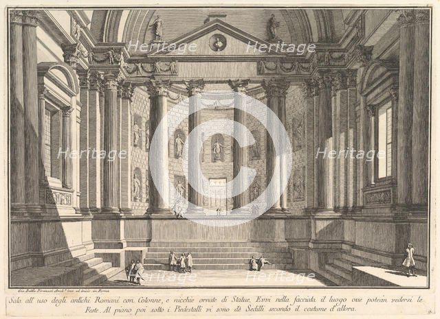 Colonnaded hall according to the custom of the ancient Romans, and niches adorned with..., ca. 1750. Creator: Giovanni Battista Piranesi.
