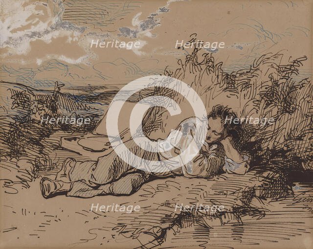 Young Artist Asleep by a Stream, c1859. Creator: Paul Gavarni.