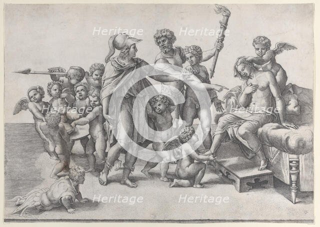 The marriage of Alexander and Roxana; Alexander surrounded by putti, offering a crown t..., 1520-39. Creator: Giovanni Jacopo Caraglio.