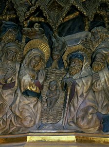 Altarpiece of the Cathedral of Tarragona in polychromed alabaster (1426-1436), detail 'The Nativi…