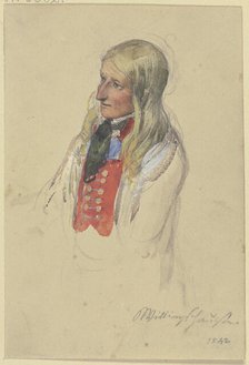 Bust of a young blonde peasant woman in a red vest and white skirt, 1842. Creator: Jakob Dielmann.