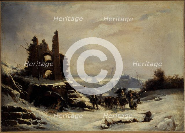 Return from market (snow in Paris), c1830. Creator: Louis Claude Mallebranche.