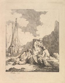 Fishermen by the Shore - Coastal Scene with a Man Sitting on the Ground Resting an Elbow o..., 1786. Creator: Thomas Rowlandson.