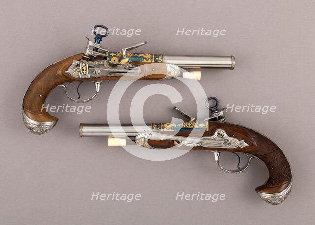 Pair of Pistols with Flintlocks a Las Tres Modas, Spanish, Eibar, late 18th century. Creator: Workshop of the Ybarzabel family.