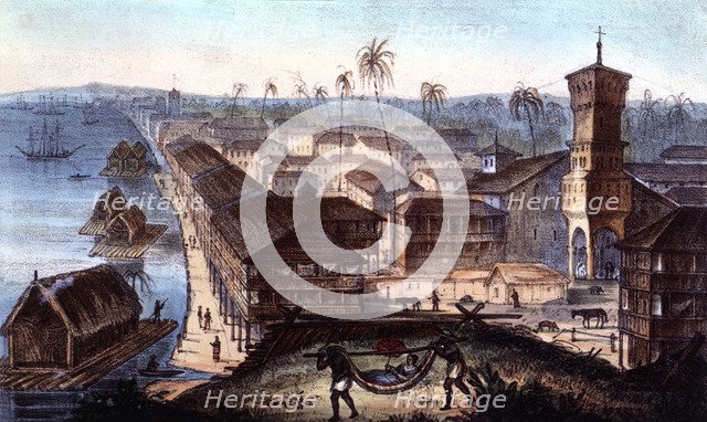 The city and the port of Guayaquil, color engraving.