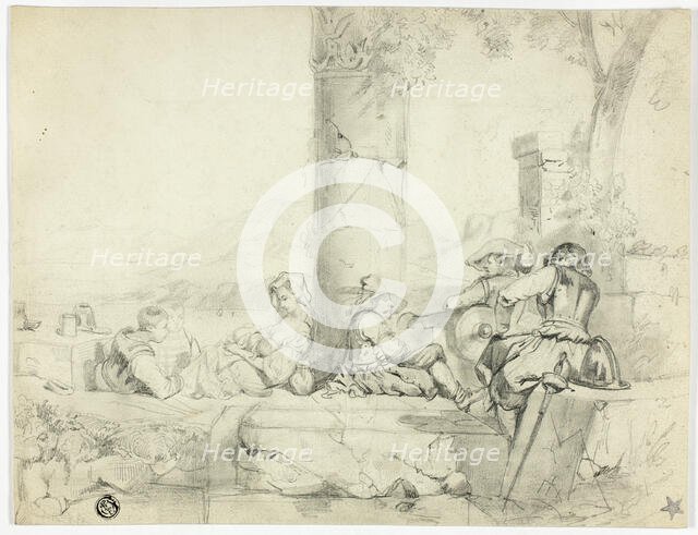 Children, Woman with Infant and Three Soldiers Sitting Among Ruins by Lake, n.d. Creator: George Cattermole.