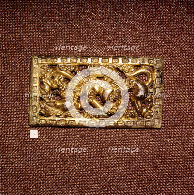 Gilded Bronze Harness Plaque of Two Animals Fighting, Ordos Region, c3rd century BC. Artist: Unknown.