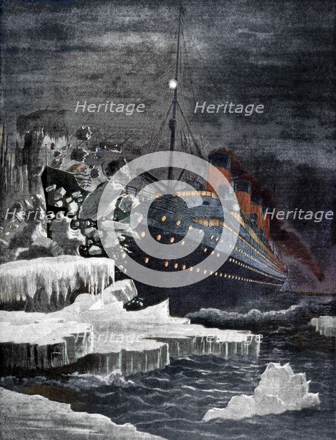 The 'Titanic' colliding with an iceberg, 1912. Artist: Unknown.