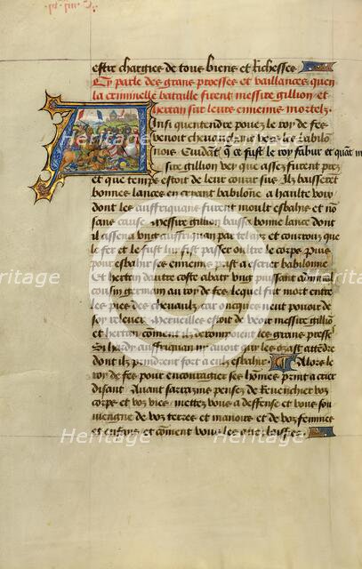 Initial A: Gillion Defeating the King of Fez; Roman de Gillion de Trazegnies, 1464. Creators: Lieven van Lathem, David Aubert.