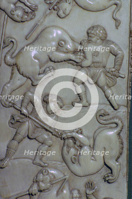 Detail from an ivory diptych of men fighting lions, 6th century. Artist: Unknown
