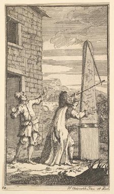 Sidrophel Examining the Kite Through His Telescope (Seventeen Small Illustrations for S..., 1721-26. Creator: William Hogarth.
