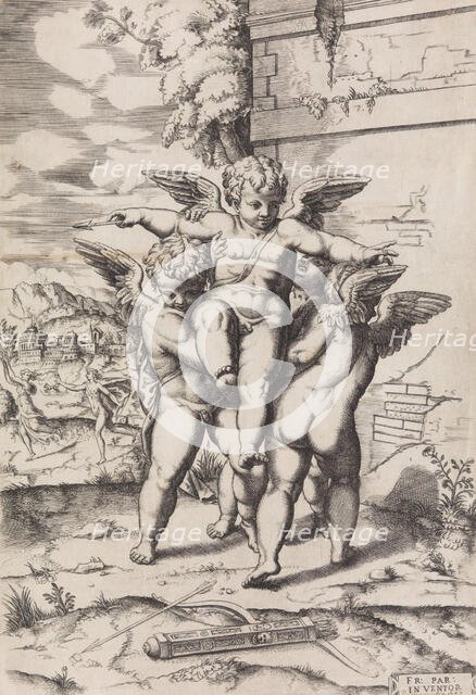[Four Cupids; Apollo and Daphne in the Background], 16th-early 17th cen..., 16th-early 17th century. Creator: Anon.