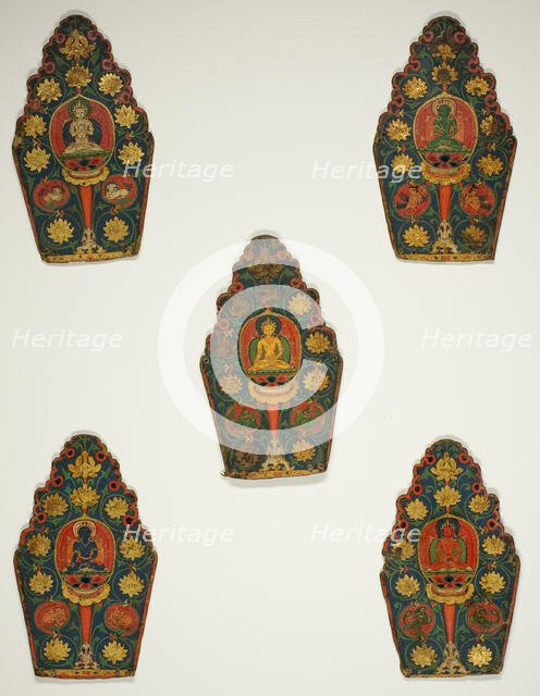 Five Panels of a Vajrasattva Crown with Transcendental Buddhas, 15th century. Creator: Unknown.
