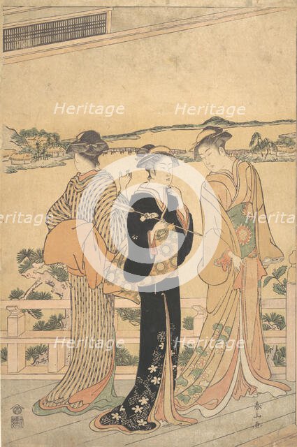 Three Women on a Veranda Overlooking a Bay, late 19th century. Creator: Katsukawa Shunzan.