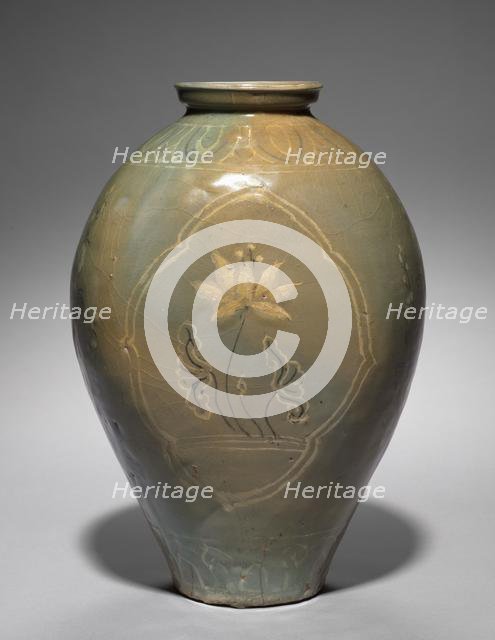 Flask with Inlaid Lotus Design, 1200s-1300s. Creator: Unknown.