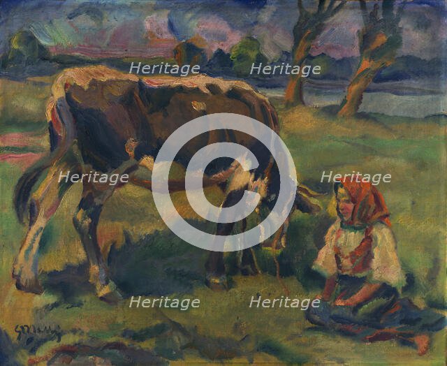 A Little Girl with a Cow, around 1937. Creator: Gustav Mally.