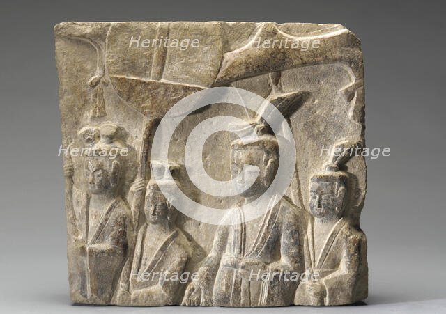 Square fragment: showing Buddhist procession, Northern Wei dynasty, early 6th century. Creator: Unknown.