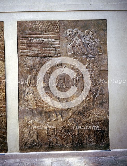 Assyrian relief showing transport of timber by land, Khorsabad, c8th century BC. Artist: Unknown