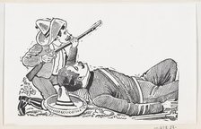 A revolutionary holding a rifle and kneeling to protect a fallen revolutionary, c..., ca. 1880-1910. Creator: José Guadalupe Posada.