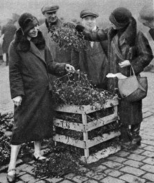 Women choosing bunches of mistletoe, Caledonian Market, London, 1926-1927. Artist: Unknown