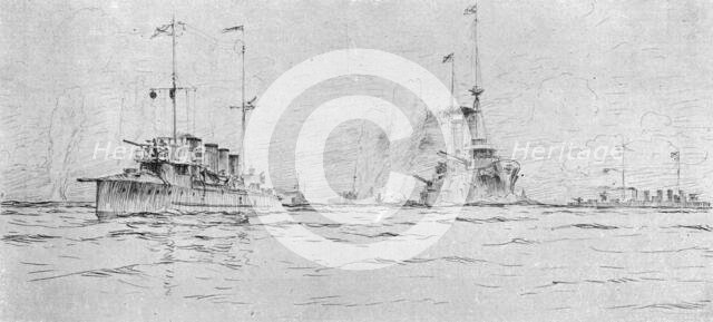 'Les torpilleurs et la "Slava" empechent les Allemands de forcer le detroit d'Irben', c1915) Creator: Unknown.