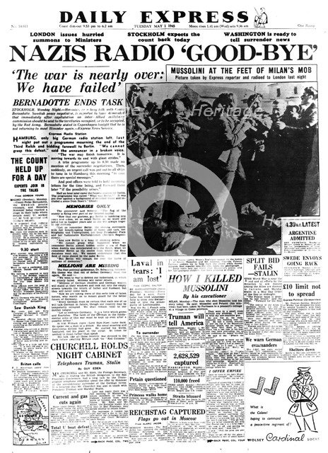 Nazis Radio 'Good-bye', front page of the Daily Express, 1 May 1945. Artist: Unknown