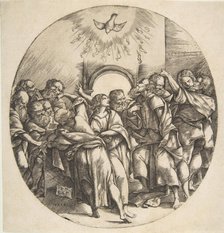 The Holy Spirit as a bird descending with spread wings at top center; the twelve Apostles ..., 1518. Creator: Domenico Campagnola.