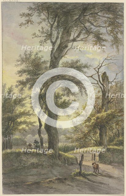 Oak tree, with two men on a path beneath it, a dog by a post, in the light of the evening sun. Creator: Jan Hulswit.