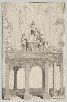 Triumphal arch with sculpture of Louis XIV as Apollo and fireworks in the backgrou..., 17th century. Creator: Anon.