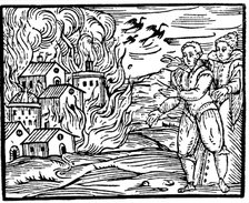 Witches destroying a house by fire  - Swabia, 1533. Artist: Unknown