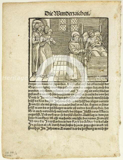 Saint Francis Heals the Grievous Wounds of One John at Lerida, plate two from Woodcuts...1937. Creator: Hieronymus Höltzel.