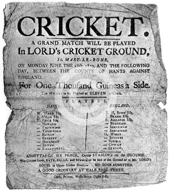Flyer advertising a cricket match between Hampshire and England, 1819 ((1912). Artist: Unknown