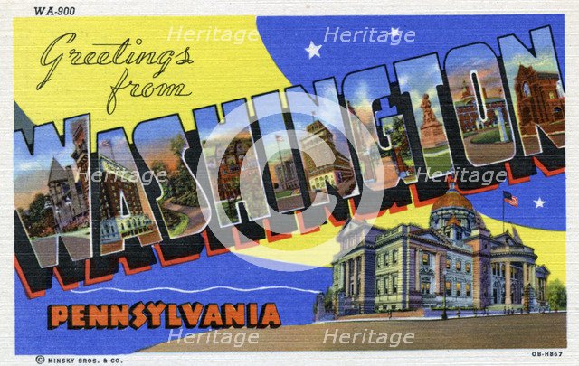 'Greetings from Washington, Pennsylvania', postcard, 1940. Artist: Unknown