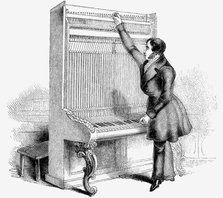 Tuning a Broadwood Cabinet piano, London, 1842. Artist: Unknown