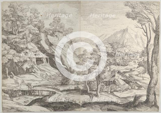 Landscape with a town in the background at the right, a winding road in the foregroun..., 1580-1600. Creator: Anon.