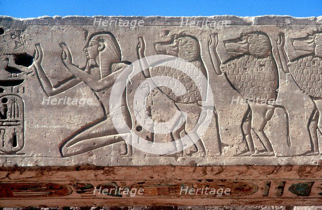 Relief of Rameses III and sacred baboons, Mortuary Temple, Medinat Habu, Egypt, c12th century BC. Artist: Unknown