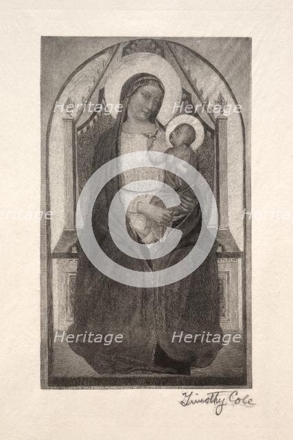 Old Italian Masters: Madonna Enthroned with Child Holding Bird, 1885. Creator: Timothy Cole (American, 1852-1931).