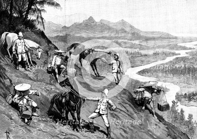 Sketches in Formosa: a hazardous descent, 1890. Creator: H. F. Davey.