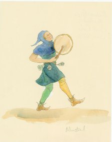 A medieval minstrel playing a percussion instrument, possibly a tabor, 2004. Creator: Judith Dobie.