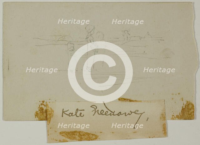 Three Figures in a Landscape with a Windmill, c. 1894. Creator: Catherine Greenaway.