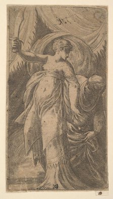 Judith with her sword raised in her right hand and placing the head of Holofernes i..., ca. 1540-45. Creator: Andrea Schiavone.