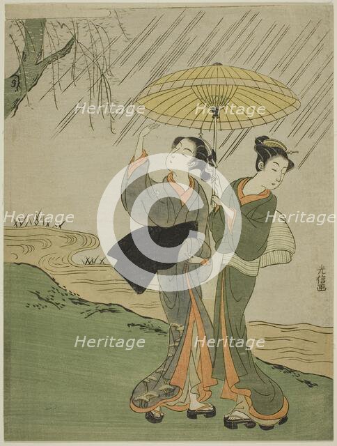 Two Young Girls in a Rain Shower, Japan, c. 1764/72. Creator: Mitsunobu.