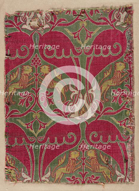 Lampas with rampant lions, palmettes, and escutcheons, 1400s. Creator: Unknown.