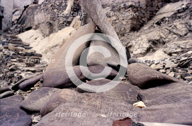 Mani stones, Ladakh, India, 1988. Creator: Amanda Waite.