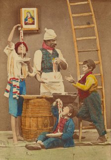 Unidentified man with moustache making pasta, three boys either eating it or helping..., 1865-1870. Creator: Giorgio Conrad.