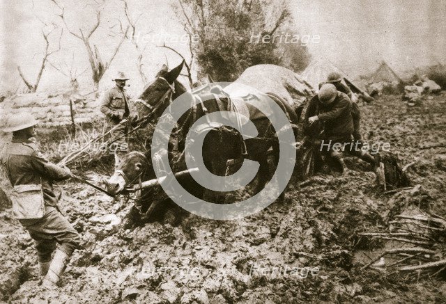 A British ammunition column finds it hard going, World War I, c1914-c1918. Artist: Unknown