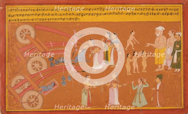 Krishna Breaks the Cart, Folio from a Bhagavata Purana (Ancient Stories of the Lord), c1725. Creator: Unknown.