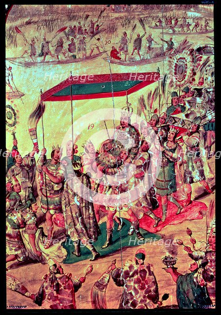 Reception of Moctezuma, detail of a nacred painting of the conquest of Mexico by Hernán Cortés, w…