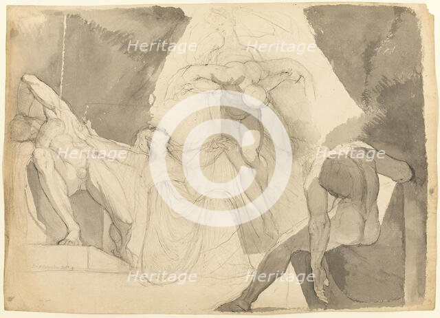 Aided by Eeriboia, Hermes Carries Off the Exhausted Ares from the Sleeping Sons..., 1819. Creator: Henry Fuseli.